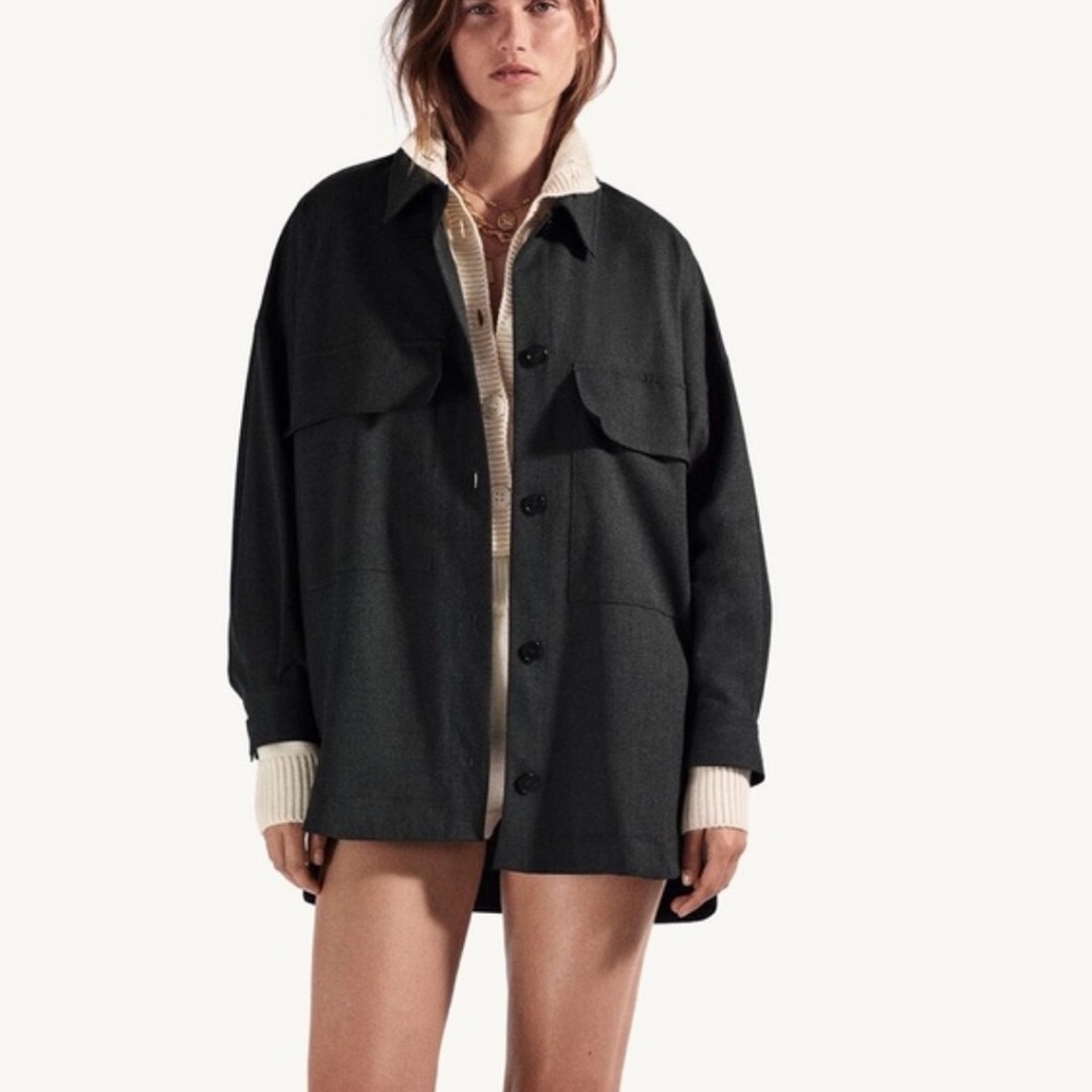 Zara Charcoal Gray Oversized Shirt Jacket with Pockets